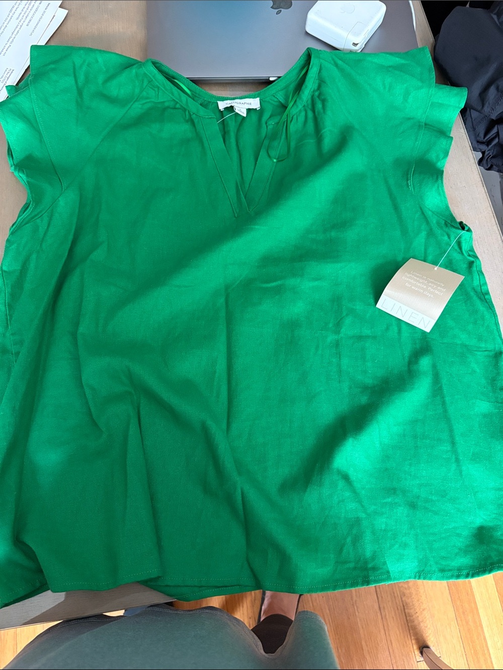 Green Linen V-Neck Cap Sleeve Blouse